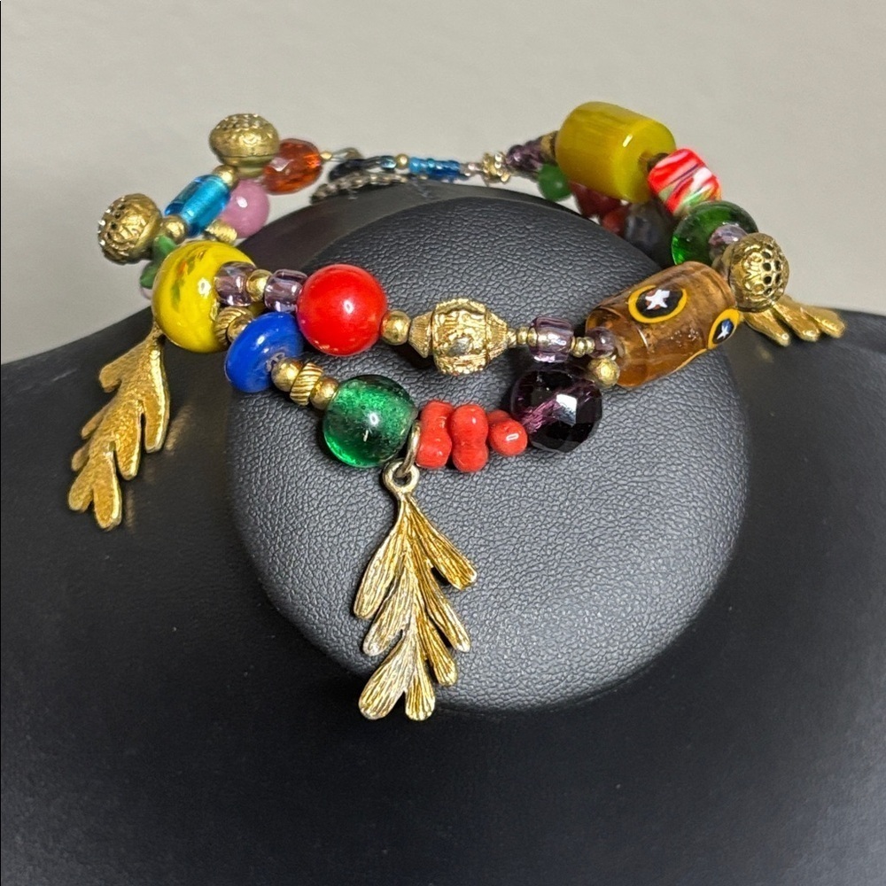 Handmade Glass Murano Colorful Beaded Bracelet with Gold Leaf Charm Accents